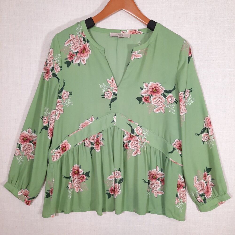 LOFT Babydoll Peasant Top Size Medium Empire CottageCore Boho Chic Floral Green - Picture 10 of 15